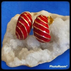 3/$30 VTG 1980s Red Gold Striped Clip-on Cherry Doll Earrings